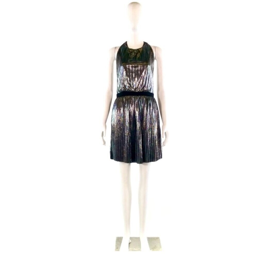 ** Gentle Fawn Loretta Silver Metallic Pleated Halter Mini Dress Size 2 - Picture 2 of 6